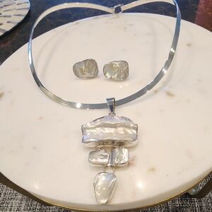 Sterling Silver Mother-of-Pearl Drop Necklace and Stud Earrings - White